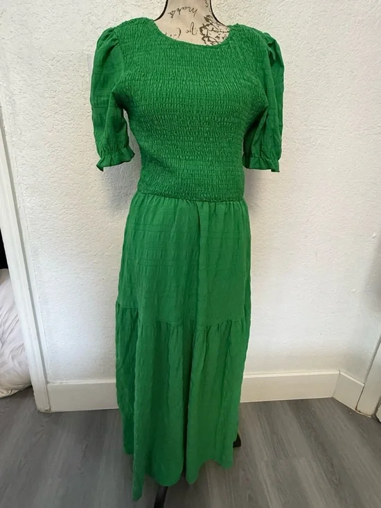 Boho Green Smocked Maxi Dress - Puff Sleeve Tiered Long Dress - Size S - Picture 11 of 15